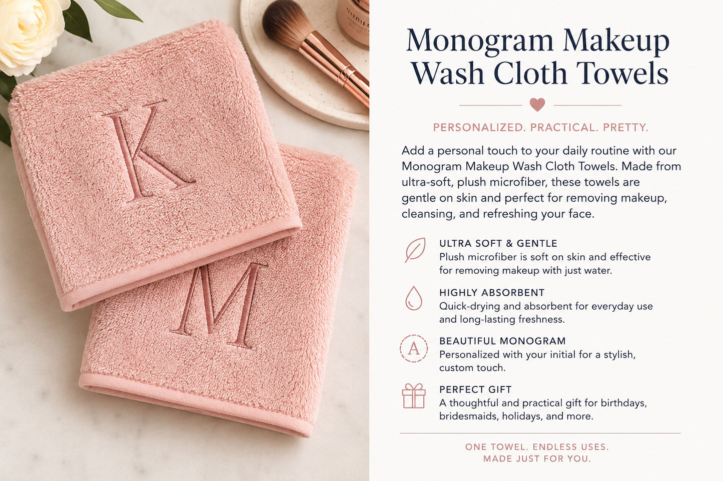 Personalized Monogram Makeup Wash Cloth Towels 2pc | Ultra Soft Embroidered Face Towels