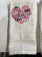 Valentine "Love " Embroidered Hand Towels (Pair)